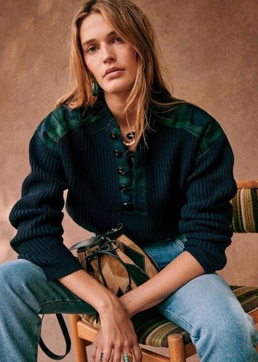Sezane Sweaters - Sezane Ewen Pullover Scotland Plaid Trim Navy Knit Sweater